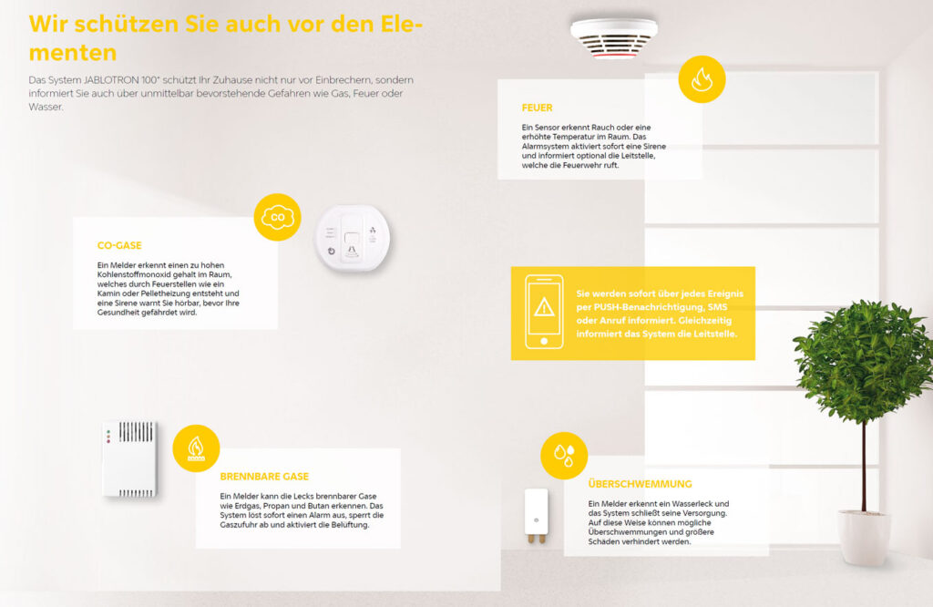 Schutz vor Bedrohungen JABLOTRON 100 informiert Sie auch unmittelbar bevorstehende Gefahren wie Gas Feuer oder Wasser